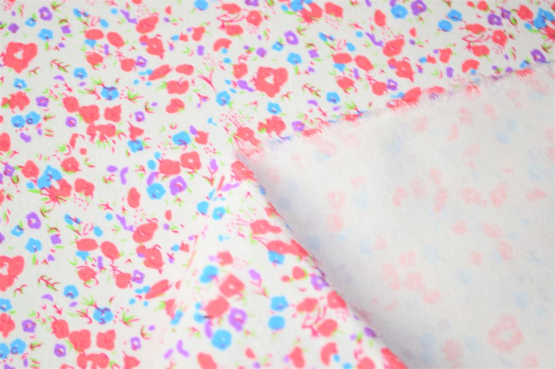 Floral Winceyette.
This print features small pink, purple and blue flowers. It would serve wonderfully in fashion or craft applications.
Winceyette, also referred to as brushed cotton or flannel, is ideal for nightwear, night dresses, pyjama bottoms, baby clothing, blankets and bedding. It is a soft material with a raised brushed surface (a nap), on both sides. 

Width: 43" 
Composition: 100% Cotton