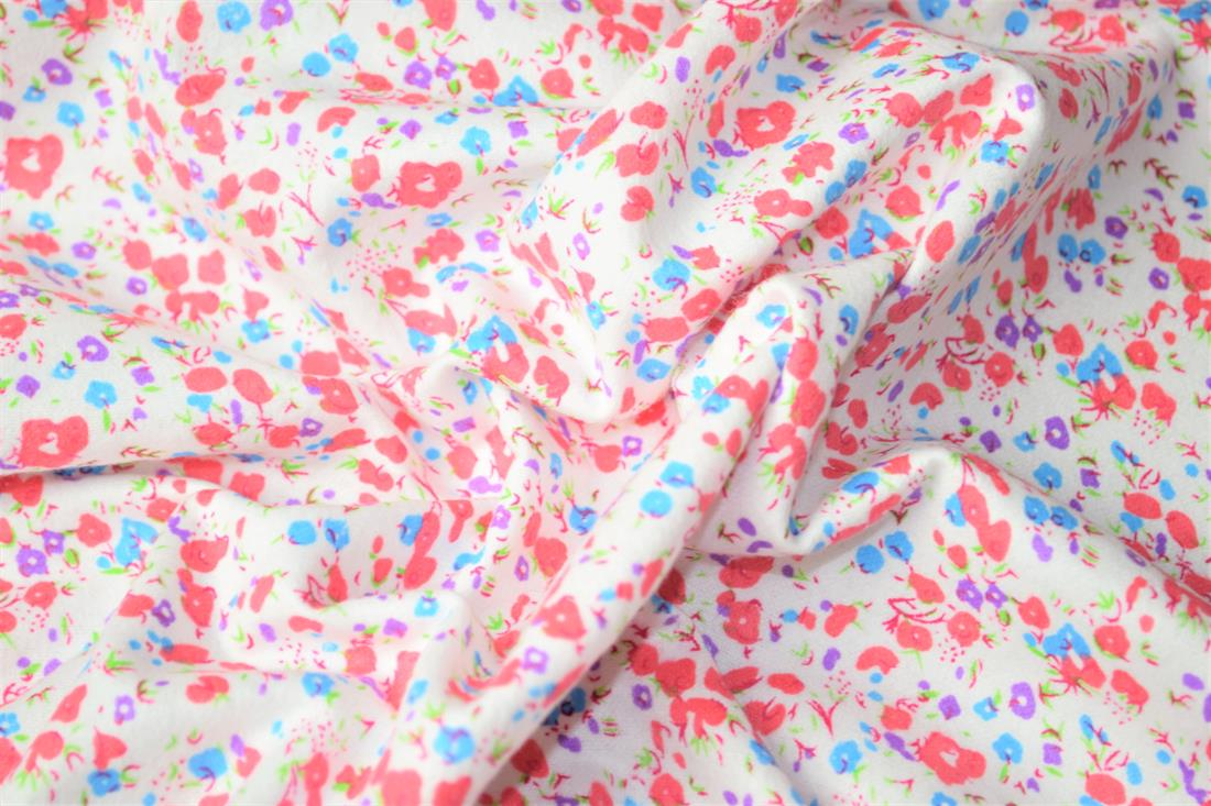 Floral Winceyette.
This print features small pink, purple and blue flowers. It would serve wonderfully in fashion or craft applications.
Winceyette, also referred to as brushed cotton or flannel, is ideal for nightwear, night dresses, pyjama bottoms, baby clothing, blankets and bedding. It is a soft material with a raised brushed surface (a nap), on both sides. 

Width: 43" 
Composition: 100% Cotton