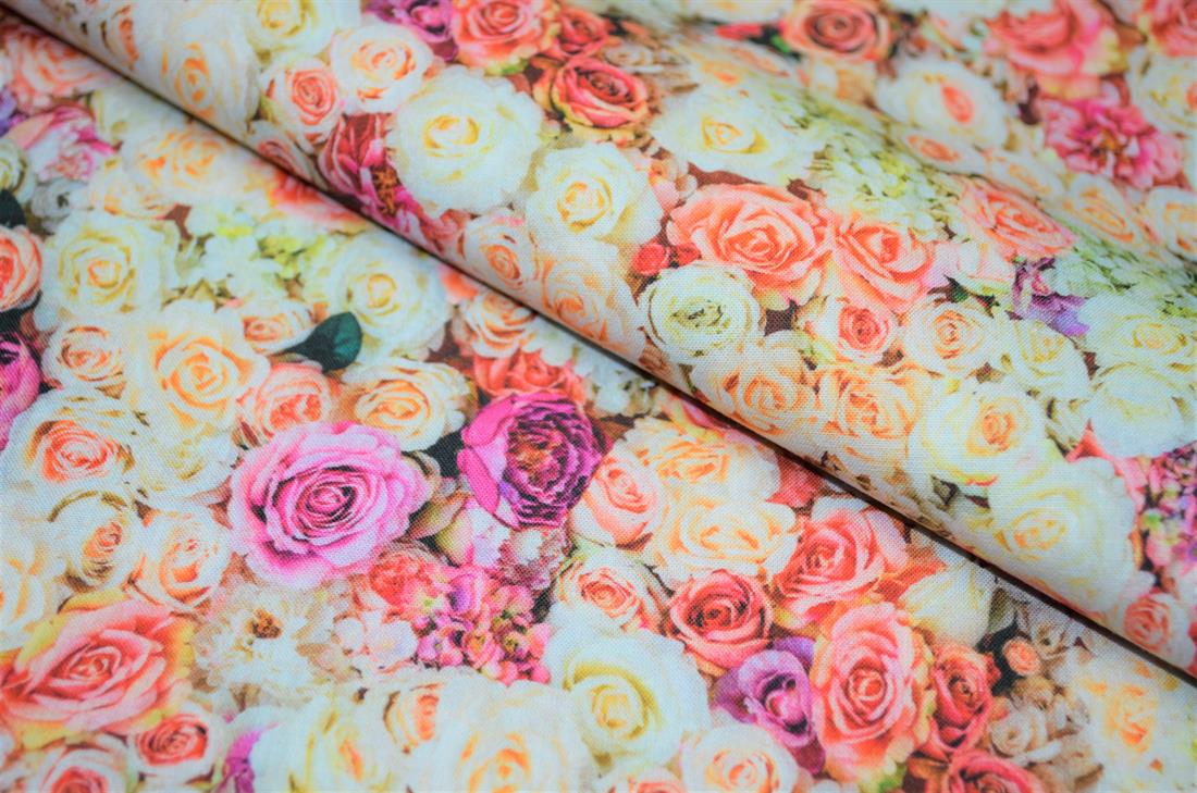 Premium 100 Cotton Fabric Multicolour Rose/Flower Print Design High Quality Please note some photos may differ slightly from the actual product in terms of colour. This is mostly due to the lighting of the photo shoot or the monitor’s display.