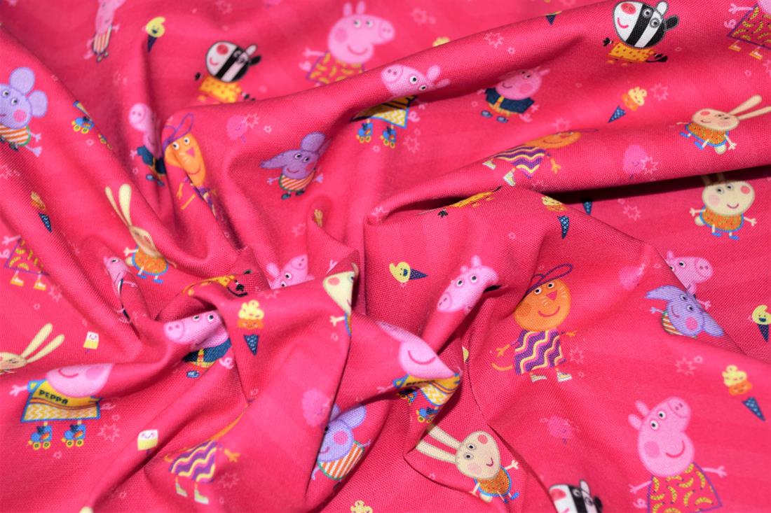 Premium Printed Craft 100% Cotton Peppa Pig Print Cotton Fabric, 112cm Wide, High QualityThis digital print fabric is ideal for dressmaking, quilting, patchwork, bunting, cushion-covers, and for other craft projects. Colours may slightly vary due to the lighting during the photo shooting or the monitor's display.