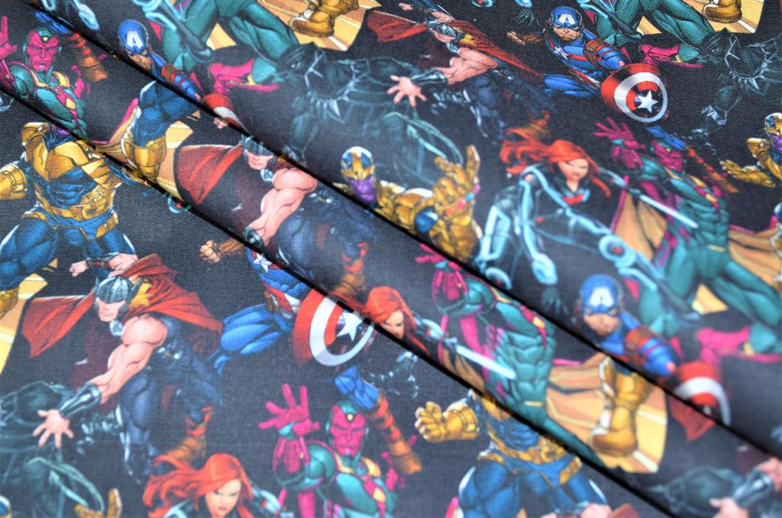 Premium Printed Craft 100% Cotton Fabric Avengers Print Desing, 148cm Wide, High QualityThis digital print fabric is ideal for dressmaking, quilting, patchwork, bunting, cushion-covers, and for other craft projects. Colours may slightly vary due to the lighting during the photo shooting or the monitor's display.