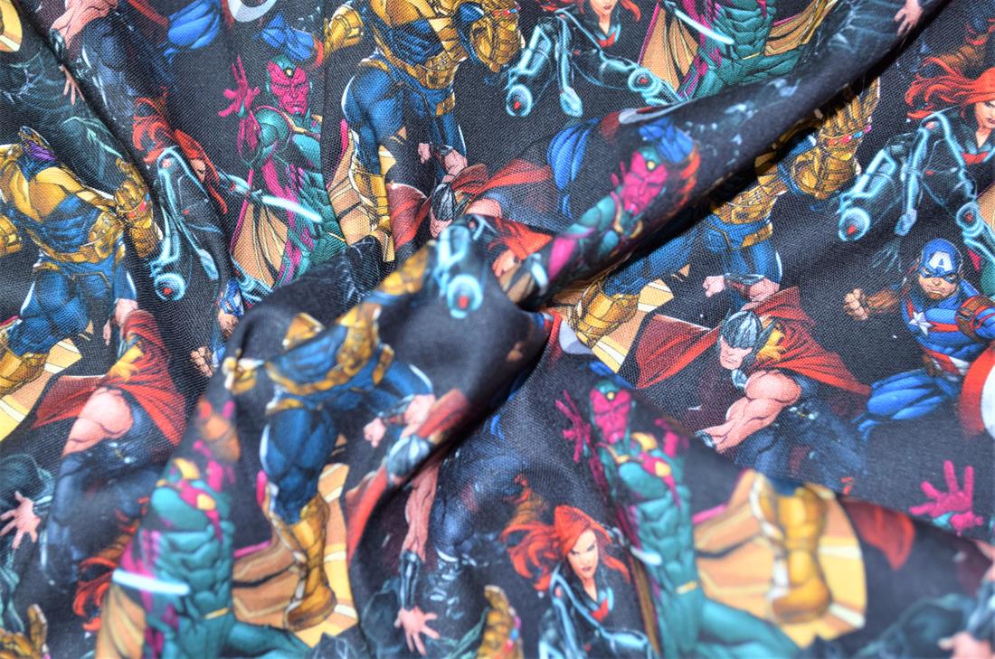 Premium Printed Craft 100% Cotton Fabric Avengers Print Desing, 148cm Wide, High QualityThis digital print fabric is ideal for dressmaking, quilting, patchwork, bunting, cushion-covers, and for other craft projects. Colours may slightly vary due to the lighting during the photo shooting or the monitor's display.