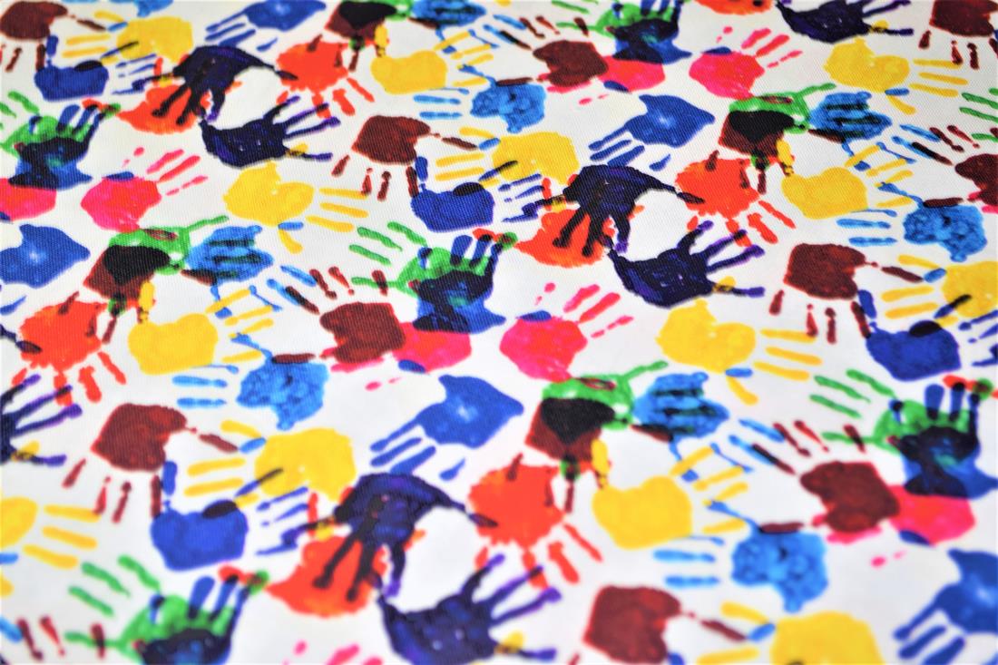 Premium Printed Craft 100% Cotton Hands Print Cotton Fabric, 148cm Wide, High QualityThis digital print fabric is ideal for dressmaking, quilting, patchwork, bunting, cushion-covers, and for other craft projects. Colours may slightly vary due to the lighting during the photo shooting or the monitor's display