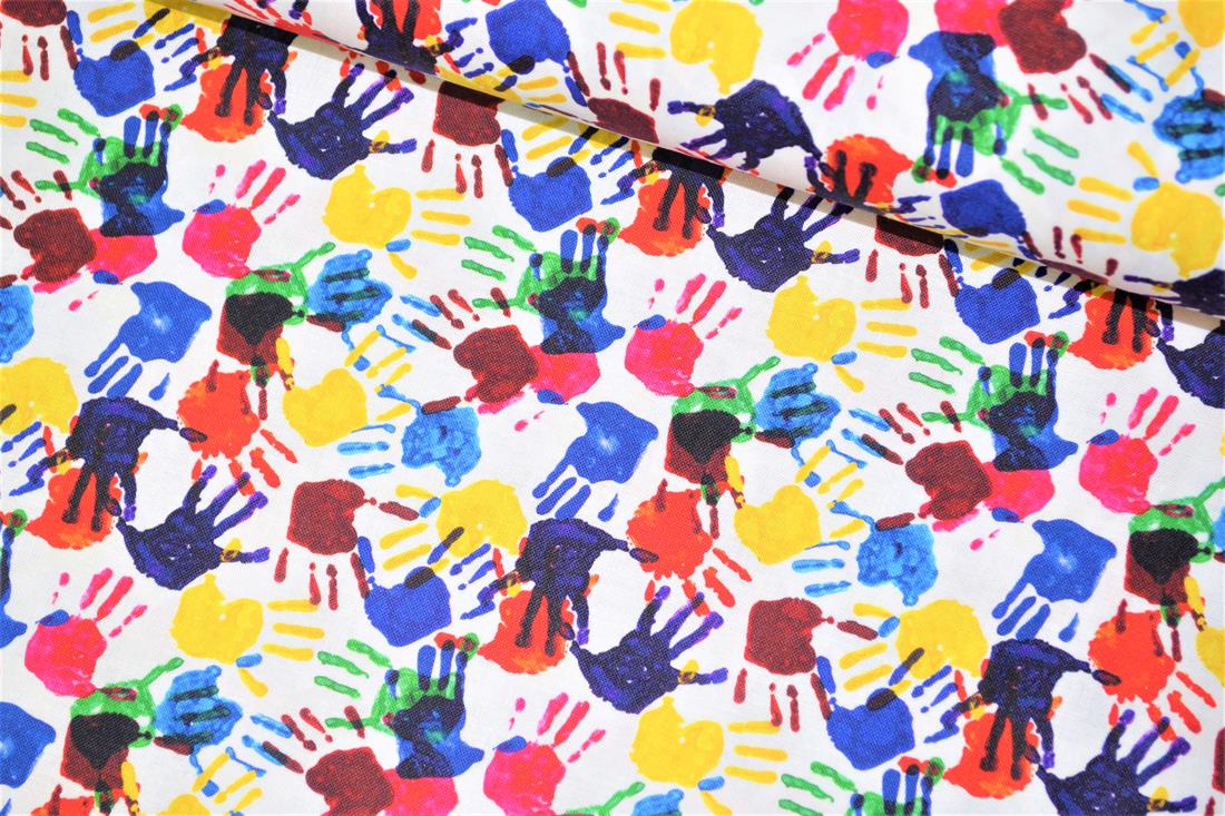 Premium Printed Craft 100% Cotton Hands Print Cotton Fabric, 148cm Wide, High QualityThis digital print fabric is ideal for dressmaking, quilting, patchwork, bunting, cushion-covers, and for other craft projects. Colours may slightly vary due to the lighting during the photo shooting or the monitor's display