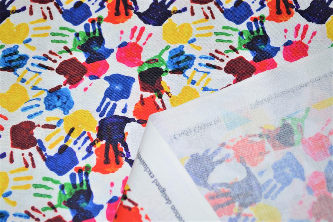 Premium Printed Craft 100% Cotton Hands Print Cotton Fabric, 148cm Wide, High QualityThis digital print fabric is ideal for dressmaking, quilting, patchwork, bunting, cushion-covers, and for other craft projects. Colours may slightly vary due to the lighting during the photo shooting or the monitor's display