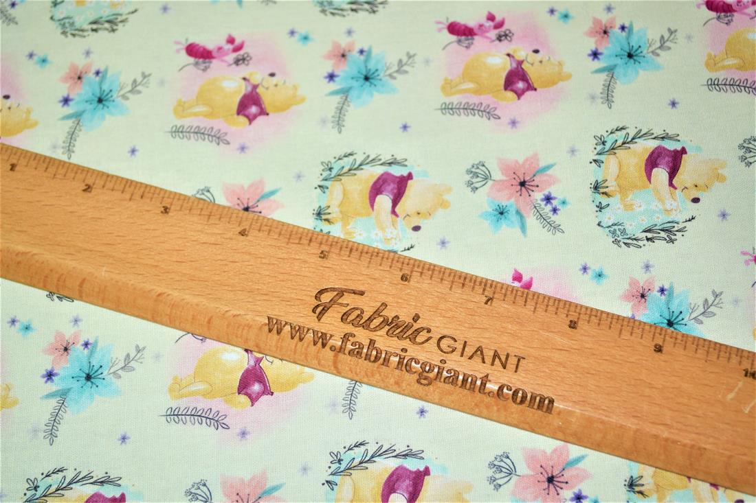 Digital Printed 100% Cotton, Disney Winnie The Pooh Print, 135cm Wide, High Quality; Weight; 150gsm This lovely fabric is great for dressmaking, quilting, patchwork, bed sheets, pillow cases, curtains, face masks/coverings, and for craft projects. Colours may slightly vary due to the lighting during the photo shooting or the monitor's display. Wash at 30degree.