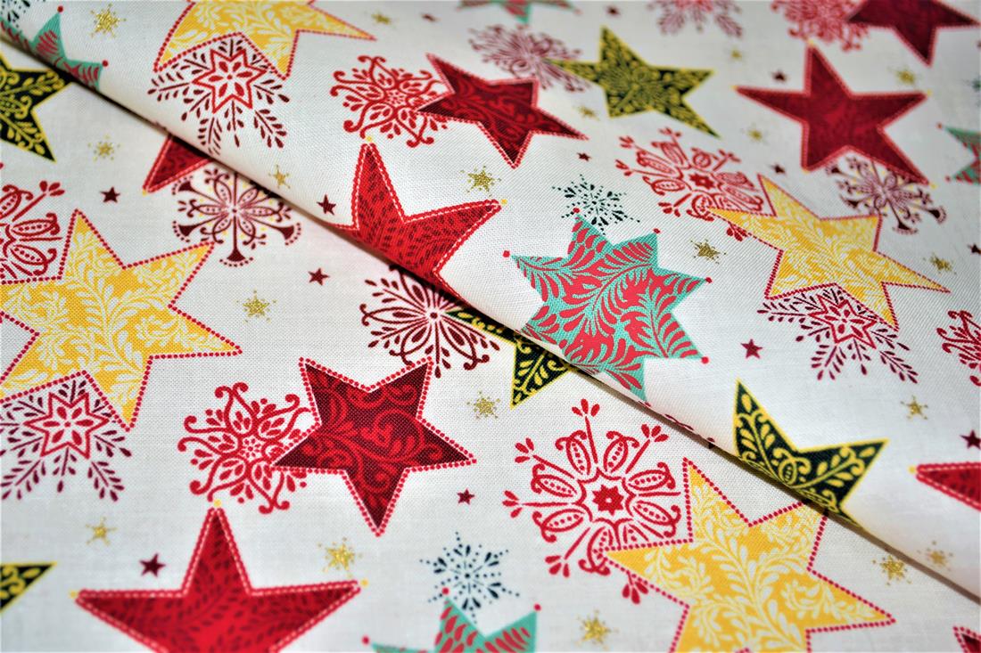 Christmas Fabric Stars print desing High Quality; This lovely fabric is great for dressmaking, quilting, patchwork, bed sheets, pillow cases, curtains, face masks/coverings, and for craft projects. Width 137cm, Composition 100% Cotton Washing - 30 degrees celsius Colours may slightly vary due to the lighting during the photo shooting or the monitor's display