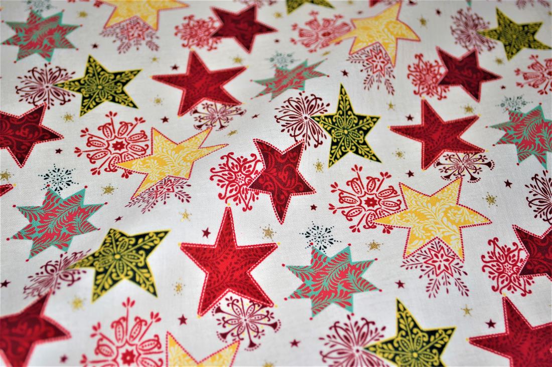 Christmas Fabric Stars print desing High Quality; This lovely fabric is great for dressmaking, quilting, patchwork, bed sheets, pillow cases, curtains, face masks/coverings, and for craft projects. Width 137cm, Composition 100% Cotton Washing - 30 degrees celsius Colours may slightly vary due to the lighting during the photo shooting or the monitor's display