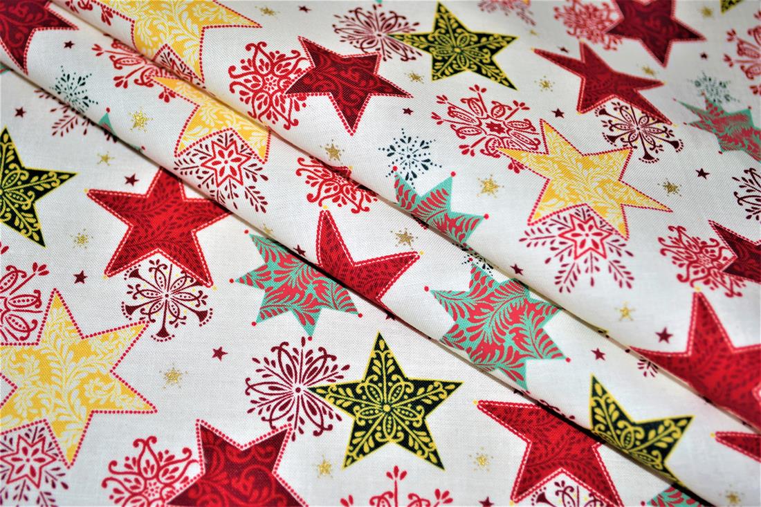 Christmas Fabric Stars print desing High Quality; This lovely fabric is great for dressmaking, quilting, patchwork, bed sheets, pillow cases, curtains, face masks/coverings, and for craft projects. Width 137cm, Composition 100% Cotton Washing - 30 degrees celsius Colours may slightly vary due to the lighting during the photo shooting or the monitor's display