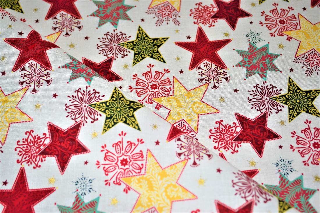 Christmas Fabric Stars print desing High Quality; This lovely fabric is great for dressmaking, quilting, patchwork, bed sheets, pillow cases, curtains, face masks/coverings, and for craft projects. Width 137cm, Composition 100% Cotton Washing - 30 degrees celsius Colours may slightly vary due to the lighting during the photo shooting or the monitor's display