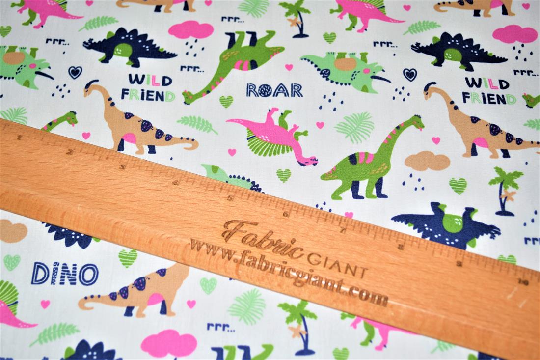Premium Printed Craft 100% Cotton Fabric, Dinosaur Print Desing, High Quality fabric 112cm Wide, High QualityThis digital print fabric is ideal for dressmaking, quilting, patchwork, bunting, cushion-covers, and for other craft projects. Colours may slightly vary due to the lighting during the photo shooting or the monitor's display