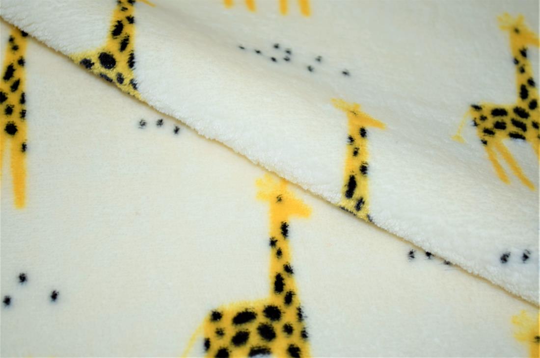Giraffe Spots  Stars Cuddle Fleece Print Cuddle Fleece is a soft luxurious fleece, perfect to use for animal beds, mittens, scarves, blankets, baby car seat covers, baby comforters, quilt backing, Jumpers, dressing gowns, cushion covers, hats and toys. This cuddle fleece features illustrations of an unlikely ensemble of animal friends; sheep, polar bears and penguins. The design is very cute, simplistic, wintery, fun and playful. Fleece is a synthetic insulating fabric made from a type of polyester. It is very comfortable due to its light weight and anti-perspiration qualities, and allows moisture to evaporate, while blocking humidity from the outside. Composition: 100% Polyester Weight: 240gsm Width: 57inch