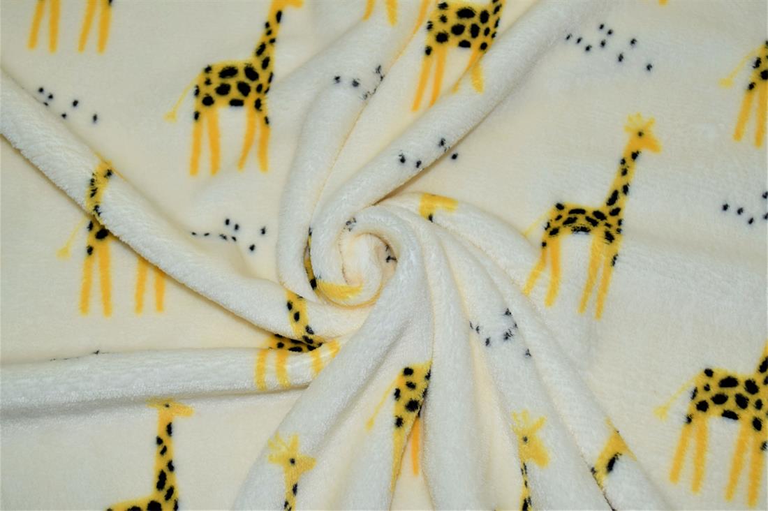 Giraffe Spots  Stars Cuddle Fleece Print Cuddle Fleece is a soft luxurious fleece, perfect to use for animal beds, mittens, scarves, blankets, baby car seat covers, baby comforters, quilt backing, Jumpers, dressing gowns, cushion covers, hats and toys. This cuddle fleece features illustrations of an unlikely ensemble of animal friends; sheep, polar bears and penguins. The design is very cute, simplistic, wintery, fun and playful. Fleece is a synthetic insulating fabric made from a type of polyester. It is very comfortable due to its light weight and anti-perspiration qualities, and allows moisture to evaporate, while blocking humidity from the outside. Composition: 100% Polyester Weight: 240gsm Width: 57inch