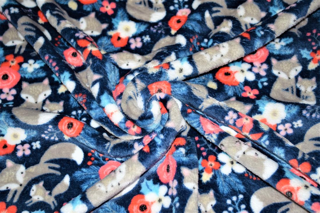 Forest Foxes  Smiley Stars Cuddle Fleece Print Cuddle Fleece is a soft luxurious fleece, perfect to use for animal beds, mittens, scarves, blankets, baby car seat covers, baby comforters, quilt backing, Jumpers, dressing gowns, cushion covers, hats and toys. This cuddle fleece features illustrations of an unlikely ensemble of animal friends; sheep, polar bears and penguins. The design is very cute, simplistic, wintery, fun and playful. Fleece is a synthetic insulating fabric made from a type of polyester. It is very comfortable due to its light weight and anti-perspiration qualities, and allows moisture to evaporate, while blocking humidity from the outside. Composition: 100% Polyester Weight: 240gsm Width: 57inch