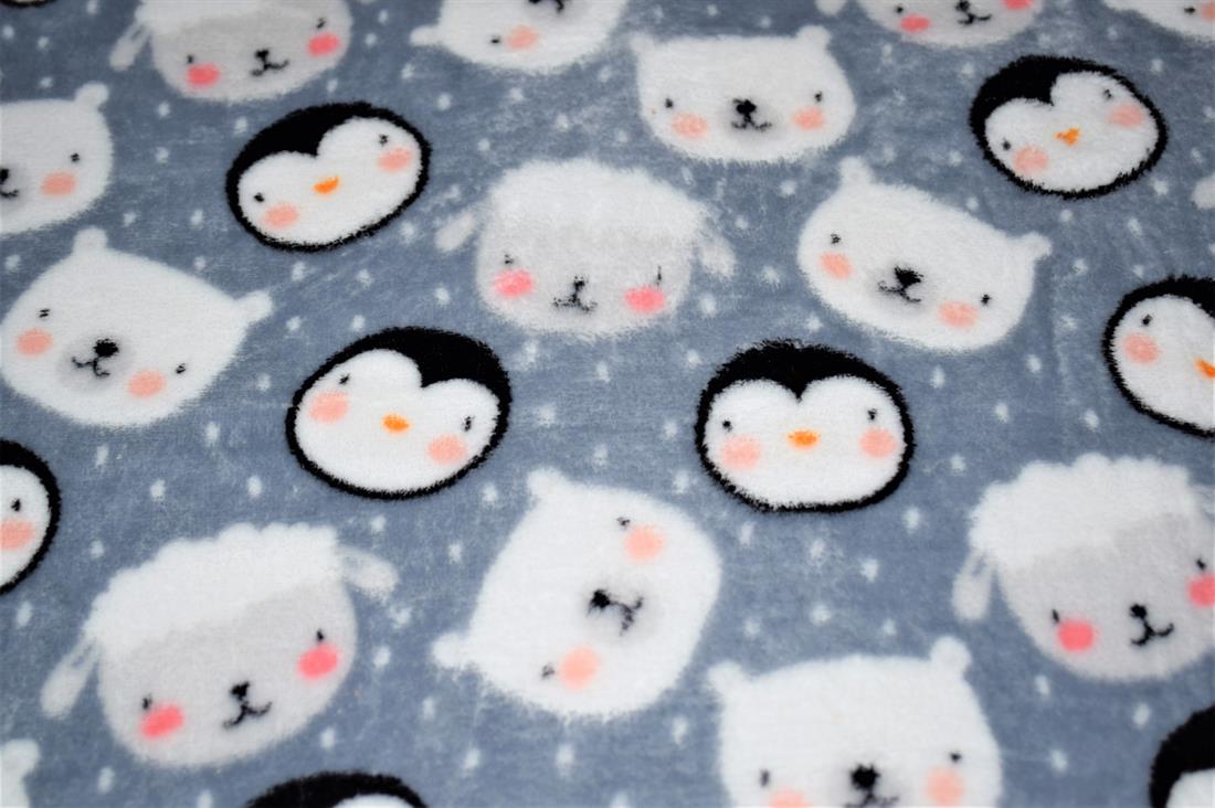Animal Faces  Cuddle Fleece Print Cuddle Fleece is a soft luxurious fleece, perfect to use for animal beds, mittens, scarves, blankets, baby car seat covers, baby comforters, quilt backing, Jumpers, dressing gowns, cushion covers, hats and toys. This cuddle fleece features illustrations of an unlikely ensemble of animal friends; sheep, polar bears and penguins. The design is very cute, simplistic, wintery, fun and playful. Fleece is a synthetic insulating fabric made from a type of polyester. It is very comfortable due to its light weight and anti-perspiration qualities, and allows moisture to evaporate, while blocking humidity from the outside. Composition: 100% Polyester Weight: 240gsm Width: 57inch