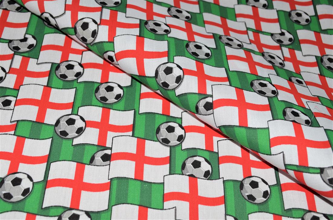 Printed Polycotton Fabric, Footbal Print Desing 80% Polyester and 20% Cotton, 112cm Wide, High Quality; Weight; 90gsm Our polycotton prints are made from a blend of polyester and cotton. This lightweight fabric is ideal for clothing, cushion-covers, bed sheets, tablecloths, napkins, face masks, crafts, and much more. Colours may slightly vary due to the lighting during the photo shooting or the monitor's display.