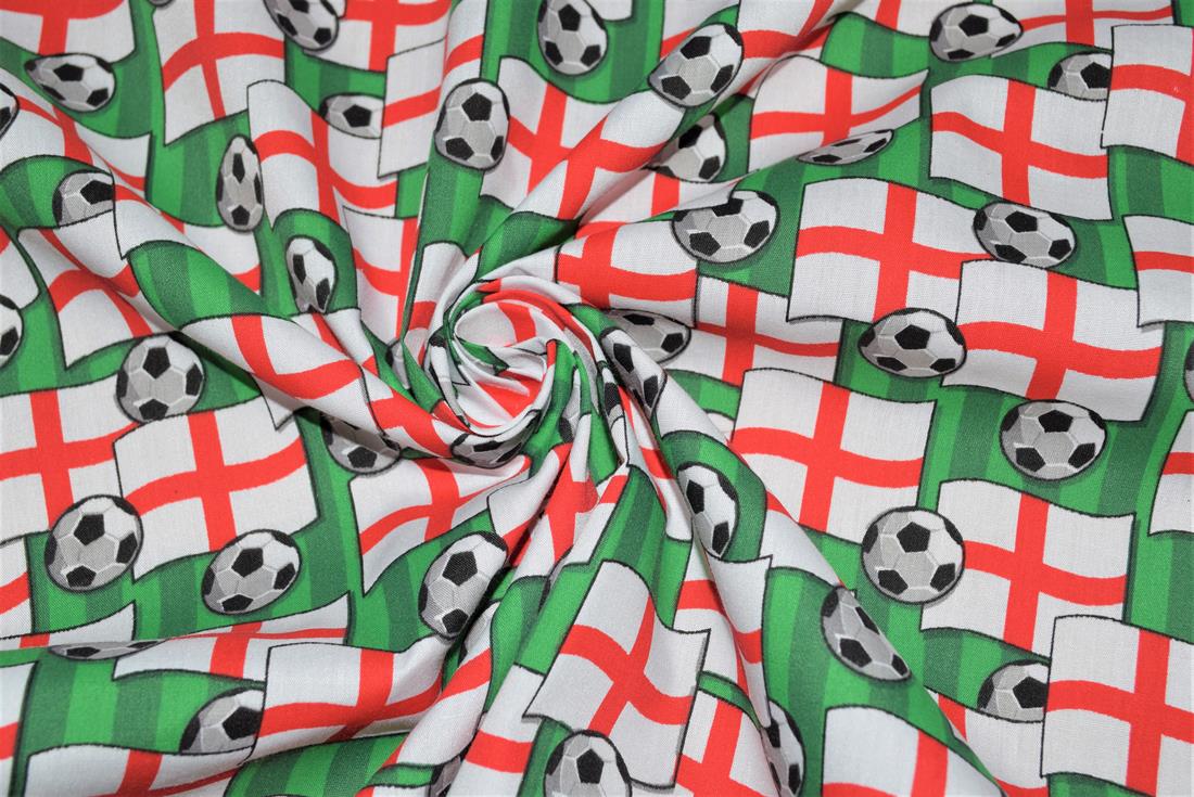 Printed Polycotton Fabric, Footbal Print Desing 80% Polyester and 20% Cotton, 112cm Wide, High Quality; Weight; 90gsm Our polycotton prints are made from a blend of polyester and cotton. This lightweight fabric is ideal for clothing, cushion-covers, bed sheets, tablecloths, napkins, face masks, crafts, and much more. Colours may slightly vary due to the lighting during the photo shooting or the monitor's display.