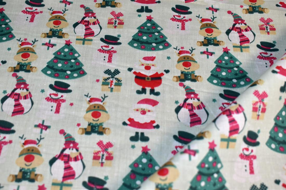 Printed Christmas Polycotton Fabric 80% Polyester and 20% Cotton 
Our polycotton prints are made from a blend of polyester and cotton. 
This lovely fabric is lightweight fabric is ideal for clothing, cushion-covers, bed sheets, tablecloths, napkins, face masks, crafts, and much more. 
Colours may slightly vary due to the lighting during the photo shooting or the monitor's display. 
Width: 112cm / 44" 
Weight; 105gsm 
Washing - 30 degrees celsius