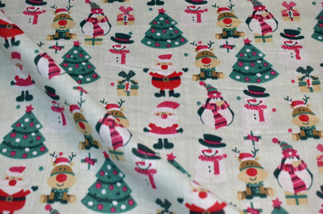 Printed Christmas Polycotton Fabric 80% Polyester and 20% Cotton 
Our polycotton prints are made from a blend of polyester and cotton. 
This lovely fabric is lightweight fabric is ideal for clothing, cushion-covers, bed sheets, tablecloths, napkins, face masks, crafts, and much more. 
Colours may slightly vary due to the lighting during the photo shooting or the monitor's display. 
Width: 112cm / 44" 
Weight; 105gsm 
Washing - 30 degrees celsius
