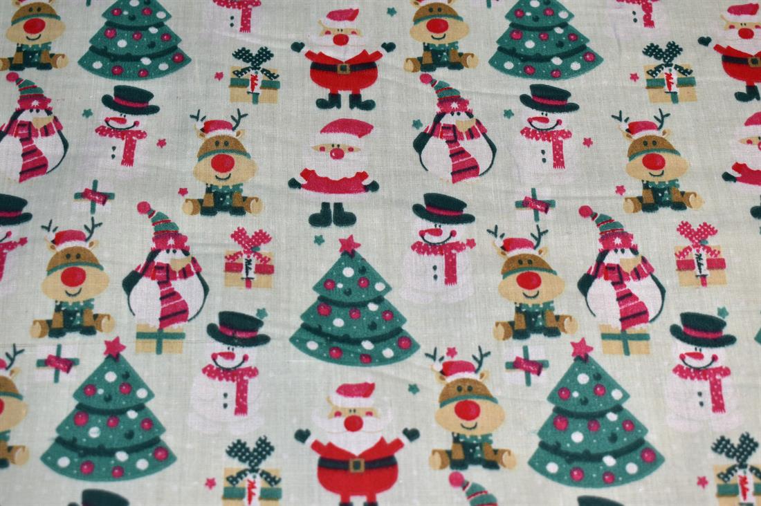 Printed Christmas Polycotton Fabric 80% Polyester and 20% Cotton 
Our polycotton prints are made from a blend of polyester and cotton. 
This lovely fabric is lightweight fabric is ideal for clothing, cushion-covers, bed sheets, tablecloths, napkins, face masks, crafts, and much more. 
Colours may slightly vary due to the lighting during the photo shooting or the monitor's display. 
Width: 112cm / 44" 
Weight; 105gsm 
Washing - 30 degrees celsius