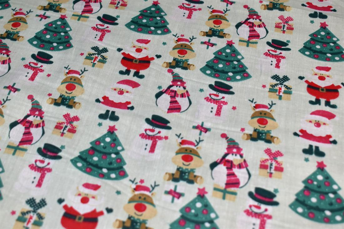 Printed Christmas Polycotton Fabric 80% Polyester and 20% Cotton 
Our polycotton prints are made from a blend of polyester and cotton. 
This lovely fabric is lightweight fabric is ideal for clothing, cushion-covers, bed sheets, tablecloths, napkins, face masks, crafts, and much more. 
Colours may slightly vary due to the lighting during the photo shooting or the monitor's display. 
Width: 112cm / 44" 
Weight; 105gsm 
Washing - 30 degrees celsius