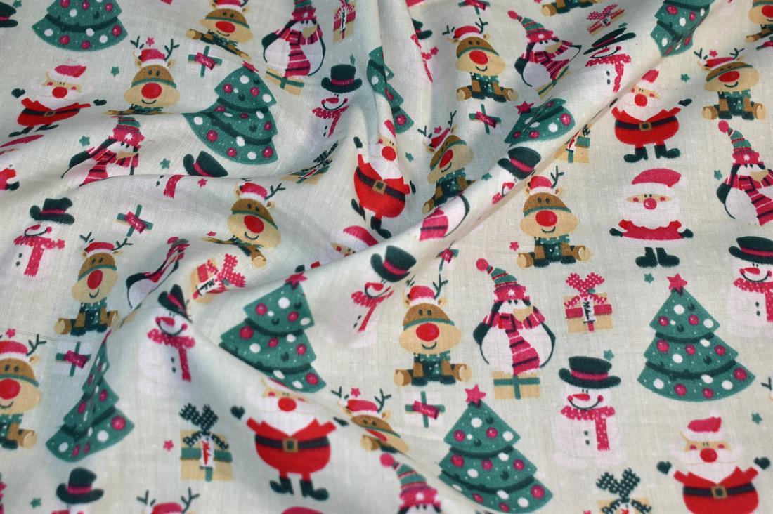Printed Christmas Polycotton Fabric 80% Polyester and 20% Cotton 
Our polycotton prints are made from a blend of polyester and cotton. 
This lovely fabric is lightweight fabric is ideal for clothing, cushion-covers, bed sheets, tablecloths, napkins, face masks, crafts, and much more. 
Colours may slightly vary due to the lighting during the photo shooting or the monitor's display. 
Width: 112cm / 44" 
Weight; 105gsm 
Washing - 30 degrees celsius